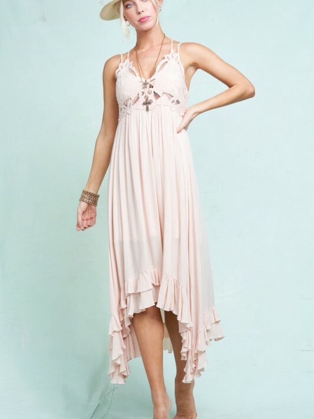 La Miel Sand Boho Crochet Stretchy Lace Trim Slip Tiered Hem Maxi Long Dress